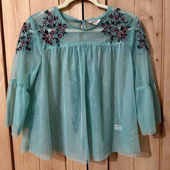 EUC The Original Arizona Jean Company Mint Green Embroidered Sheer Pullover Top - Picture 2 of 5